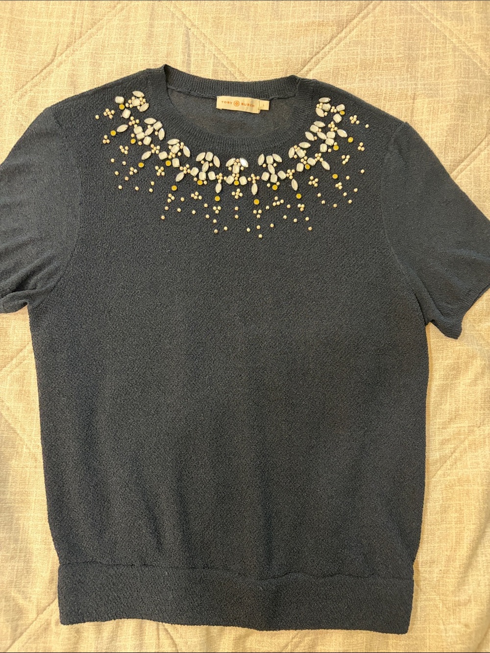 Tory Burch Navy Jeweled Short-Sleeve Knit Top